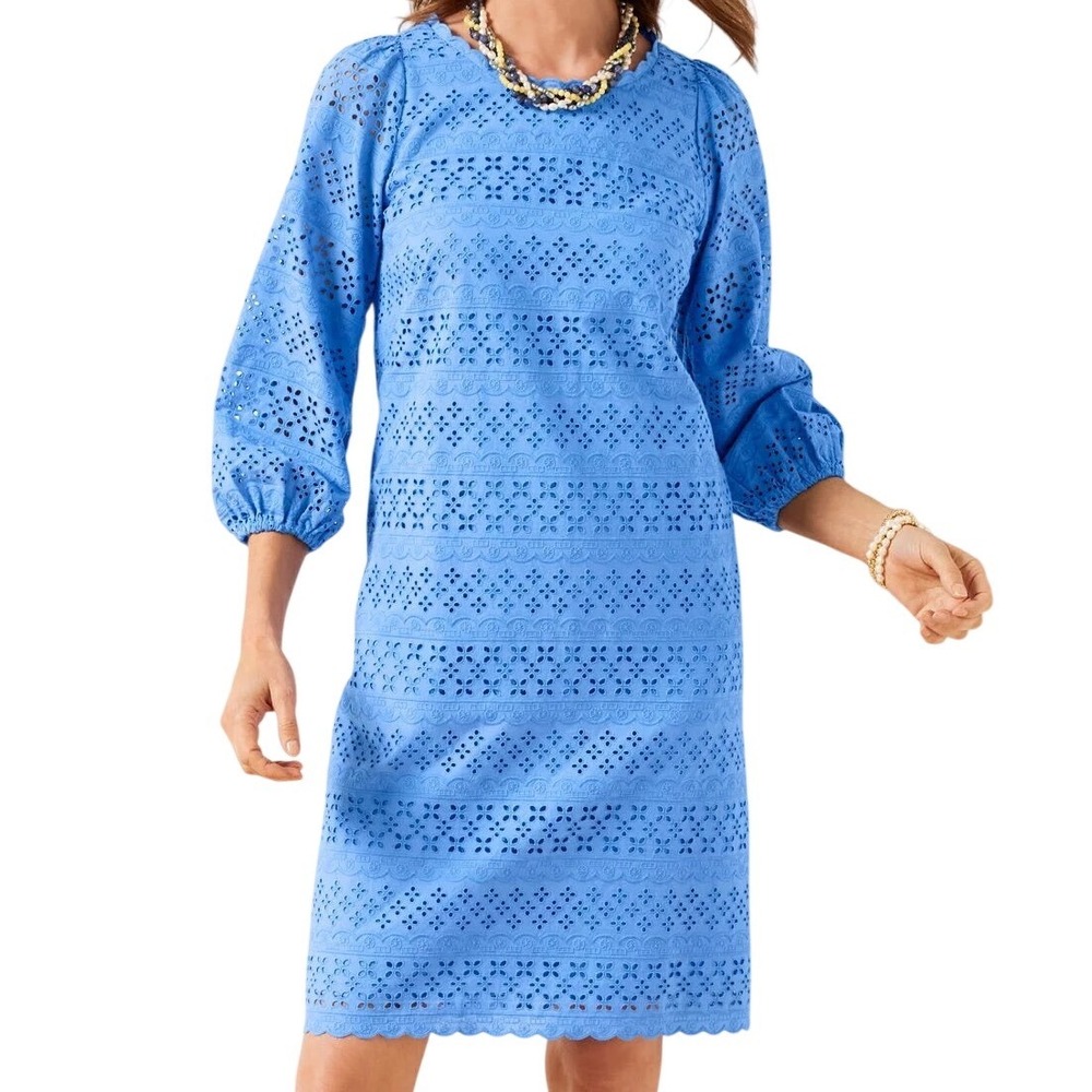 NWT Talbots Eyelet Puff Sleeve Cotton Shift‎ Dress Blue Size 10P Feminine Preppy